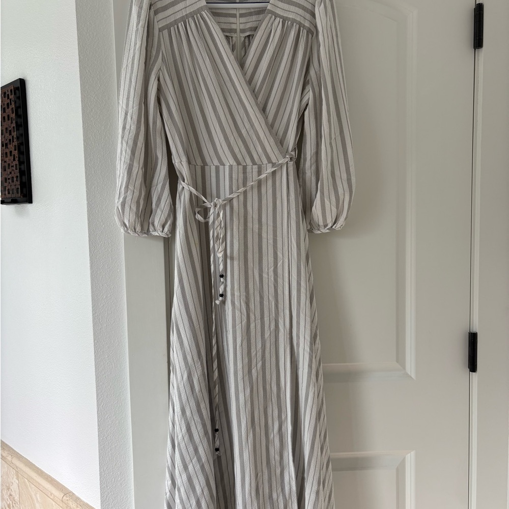 Calvin Klein Long Sleeve Striped Dress in Cream and Gray